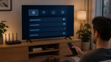 Televisor inteligente conectado a un router doméstico en un salón contemporáneo