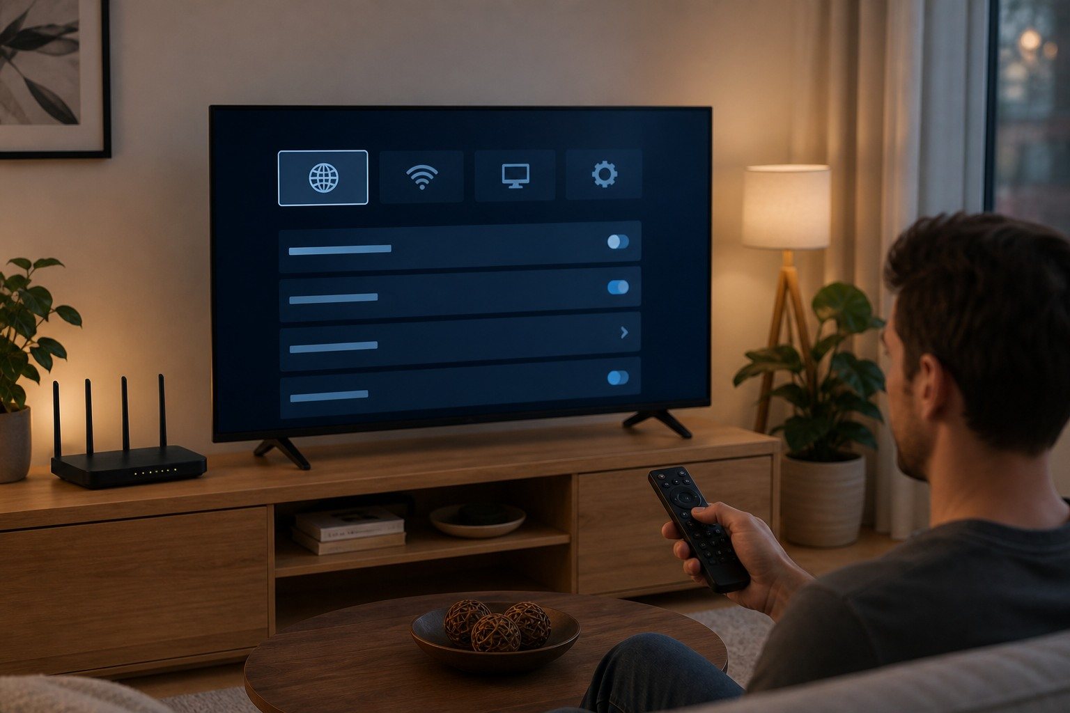 Televisor inteligente conectado a un router doméstico en un salón contemporáneo