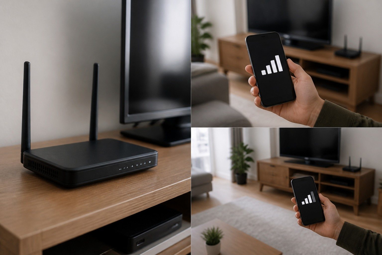Router de doble banda junto a un televisor y un móvil utilizado para comprobar la cobertura