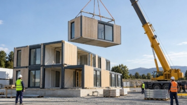 Instalación con grúa de módulos prefabricados en un emplazamiento organizado