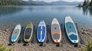 Varias tablas de paddle surf de distintos largos y anchos alineadas junto a un lago