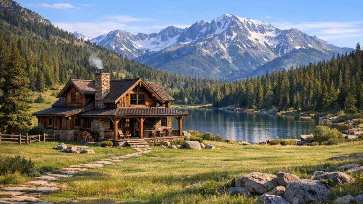Una casa de campo, en la montaña, con espacio al rededor y una laguna cercana.
