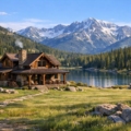 Una casa de campo, en la montaña, con espacio al rededor y una laguna cercana.