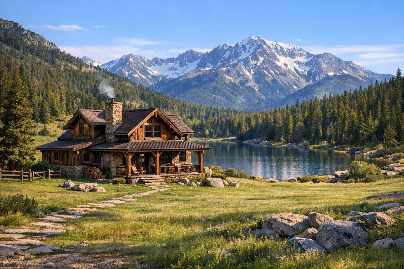 Una casa de campo, en la montaña, con espacio al rededor y una laguna cercana.